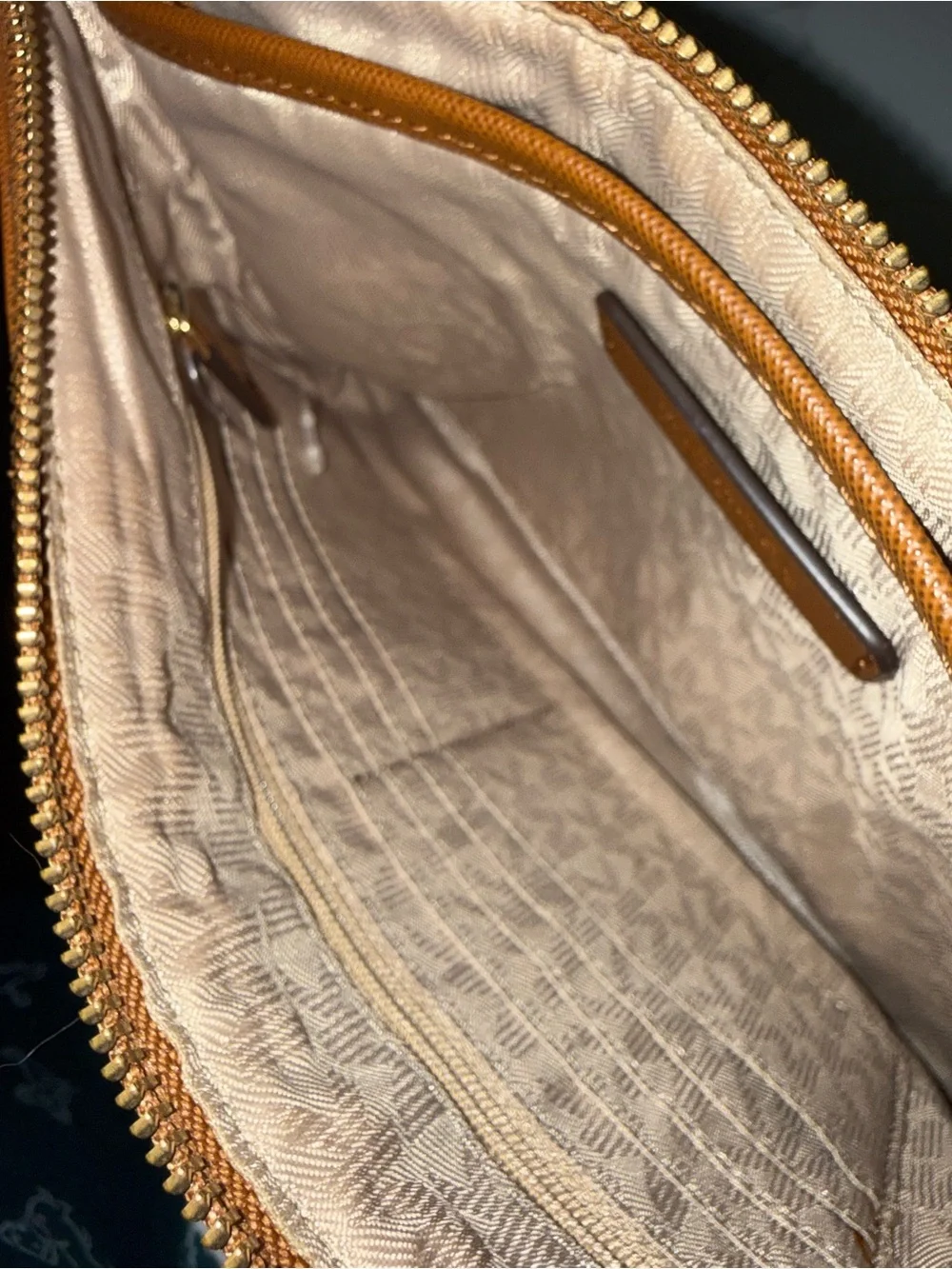Michael Kors Beige MK Monogram clutch/wristlet with Brown Trim